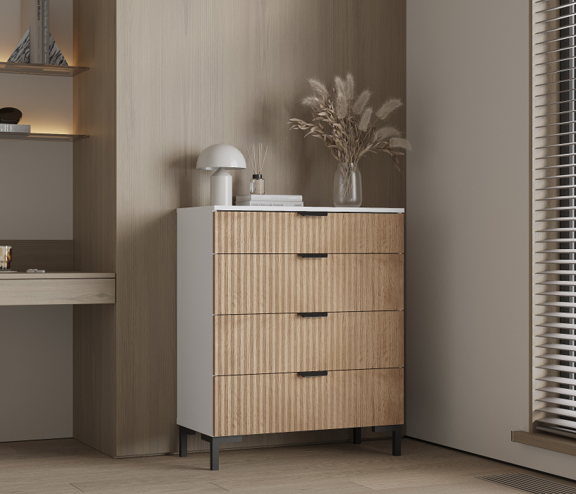 Комоды, Комод Тренд СБ-3444 4 ящика Белый Альпийский/МДФ Джаз Акация светлая