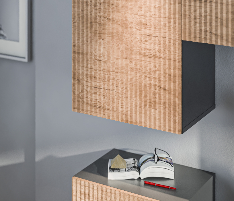 Стенки для гостиной, Гостиная (стенка) Тренд Диамант серый/МДФ Джаз Акация светлая