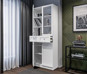 Стеллаж Твин СБ-3373 Белый со стеклом и ящиком