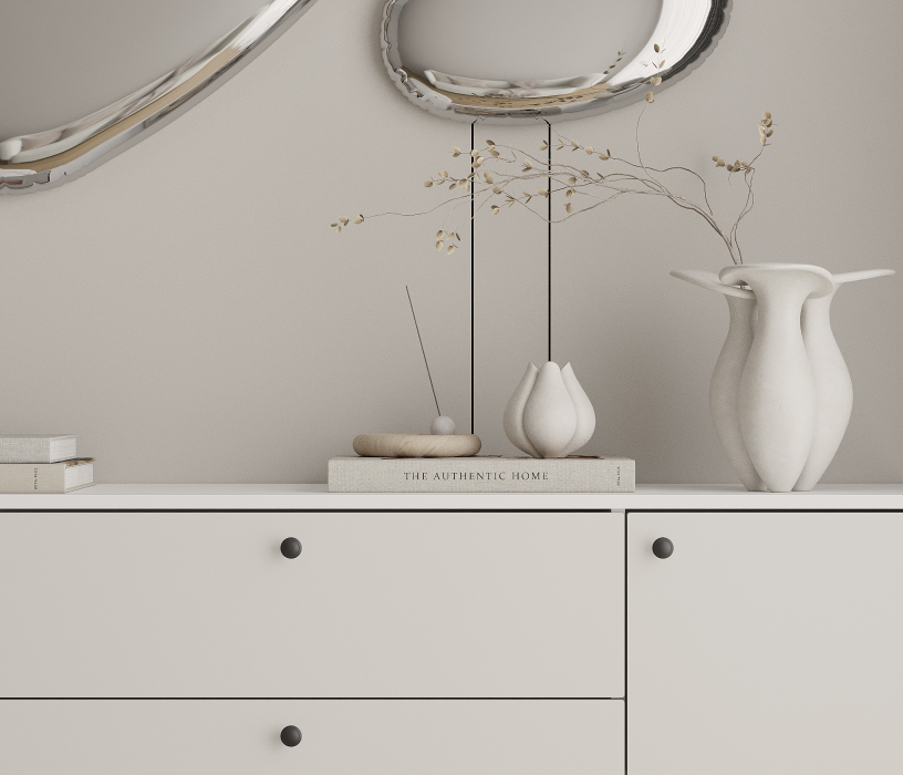 Комоды, Комод Тренд СБ-3443 3 ящика, 2 двери Белый/Белла Серый Перламутровый