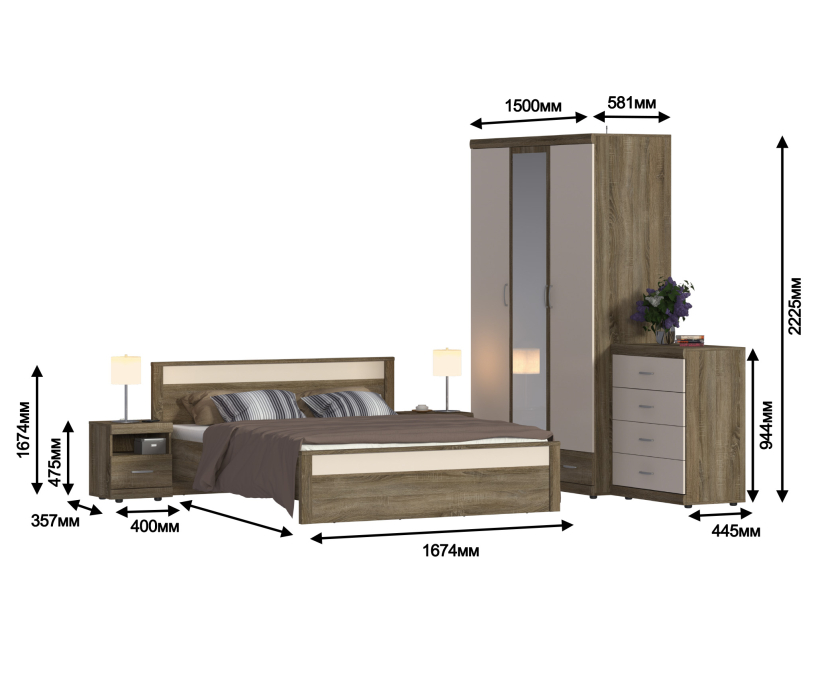 Спальные гарнитуры, Монако Спальня (кровать + тумбы + комод + шкаф)