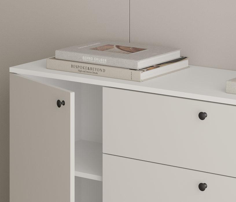 Комоды, Комод Тренд СБ-3443 3 ящика, 2 двери Белый/Белла Серый Перламутровый