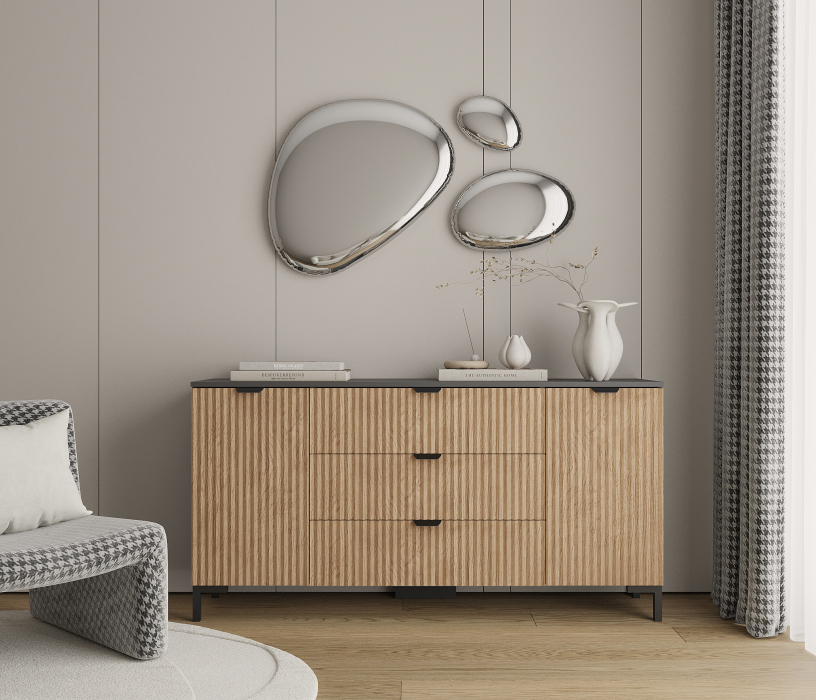 Комоды, Комод Тренд СБ-3443 3 ящика, 2 двери Диамант серый/МДФ Джаз Акация светлая