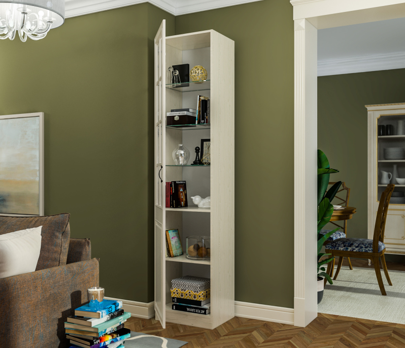 Шкафы одностворчатые, Шкаф-витрина Гранд / Ливерпуль СБ-3516 Дуб Приморский Белый/МДФ Классика Светлый