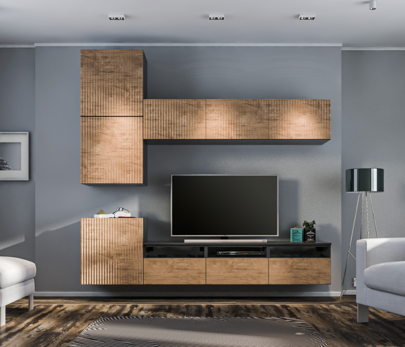 Стенки для гостиной, Гостиная (стенка) Тренд Диамант серый/МДФ Джаз Акация светлая