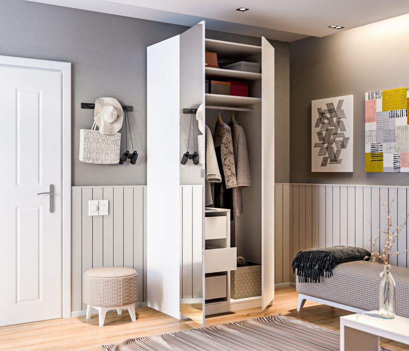 Для одежды, Шкаф 2х дверный 1000 с зеркалом и 3-я ящиками МАКС Белый